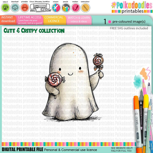 Creepy Creatures Ghost - cute digital color clipart craft digital stamp Halloween Fall Autumn Witches with Broomsticks for Card Making, Scrapbooking, Junk Journal, SVG, Stickers