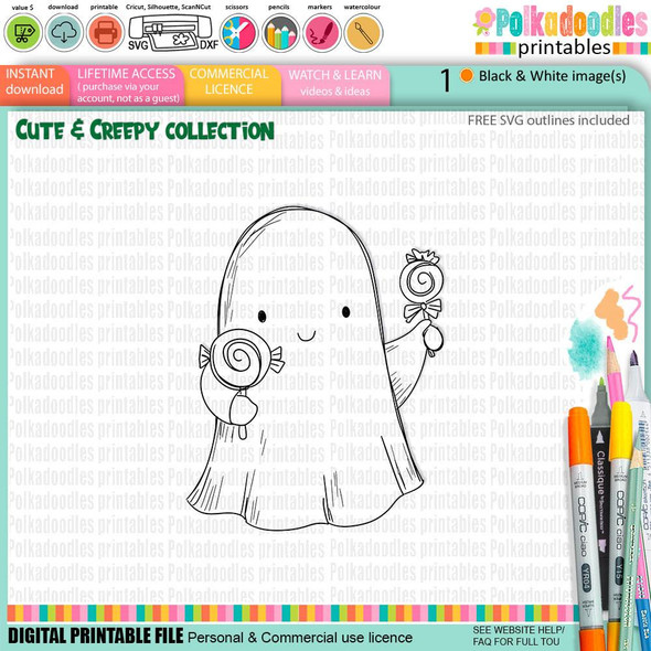 Creepy Creatures Ghost - cute craft digital stamp Halloween Fall Autumn Cute & Creepy, a black and white outline of a friendly ghost holding two swirled candies, perfect for card making, scrapbooking, junk journals, SVG, stickers.