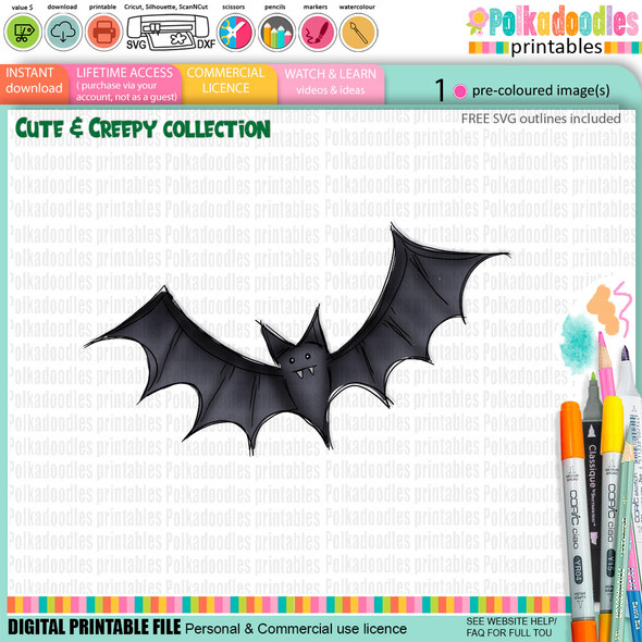 Bat - cute digital colour clipart craft digital stamp Halloween Fall Autumn Cute and Creepy - Card Making, Scrapbooking, Junk Journal, svg, stickers.