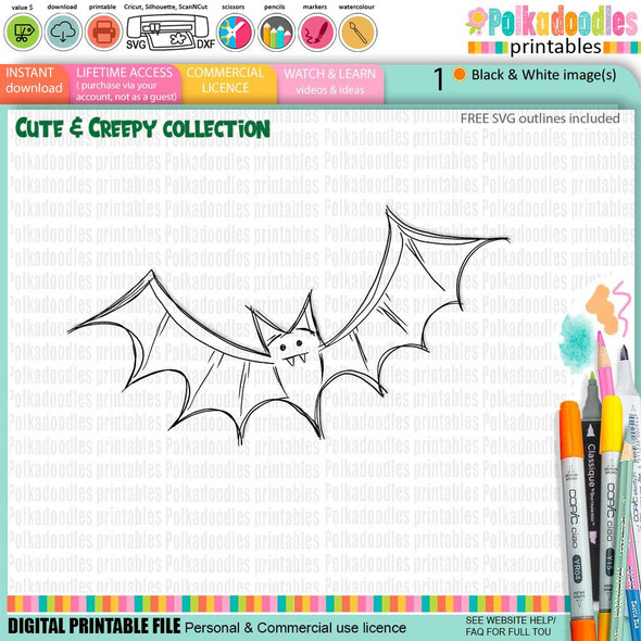 Creepy Creatures Bat digital stamp, a cute cartoon bat with large wings, face with small eyes and a happy expression, black and white outline for Halloween, fall, and autumn craft projects such as card making, scrapbooking, junk journaling, SVG, stickers.