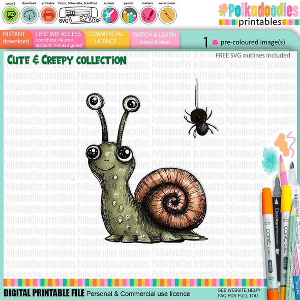 Creepy Creatures Snail with spider digital clipart, a cute cartoon snail with large eyes and a brown spiral shell, accompanied by a small black spider hanging from a thread, perfect for Halloween and fall crafts, card making, scrapbooking, junk journals, SVG, stickers.