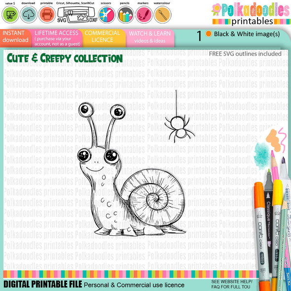 Snail with Spider - cute craft digital stamp Halloween Fall Autumn Cute & Creepy - Card Making, Scrapbooking, Junk Journal, svg, stickers.