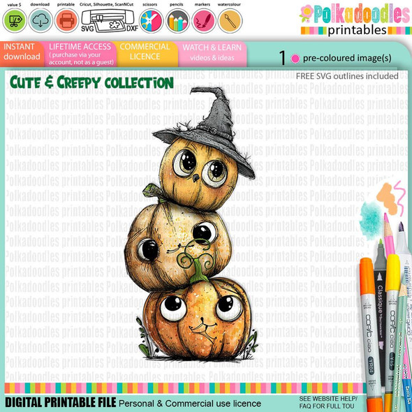 Creepy Creatures Pumpkin stack trio - cute digital color clipart for Halloween and fall crafting, featuring adorable pumpkins with expressive eyes and a witch hat, suitable for card making, scrapbooking, junk journals, SVG cut files, stickers, and digital stamps.