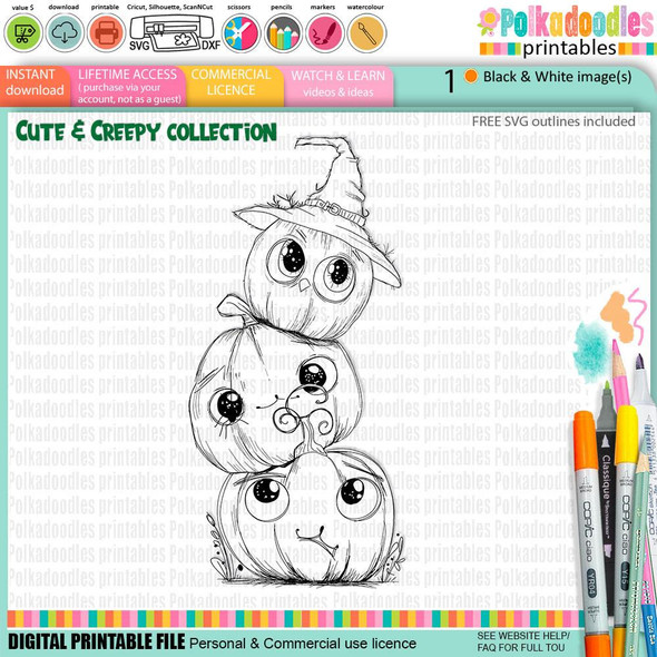 Creepy Creatures Pumpkin Stack trio digital stamp, a Halloween-themed cute and creepy illustration of a stack of pumpkins with a witch's hat, featuring big expressive eyes for craft projects like card making, scrapbooking, and junk journals.