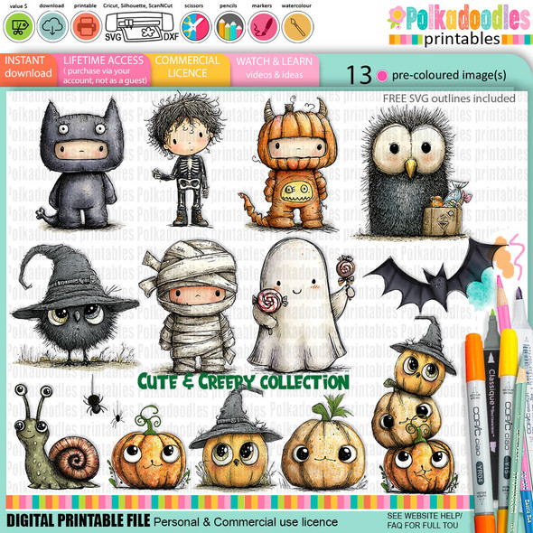 Cute and Creepy Bundle - 13 cute digital colour clipart craft digital stamp Halloween Fall Autumn Trick or Treat - Card Making, Scrapbooking, Junk Journal, svg, stickers.