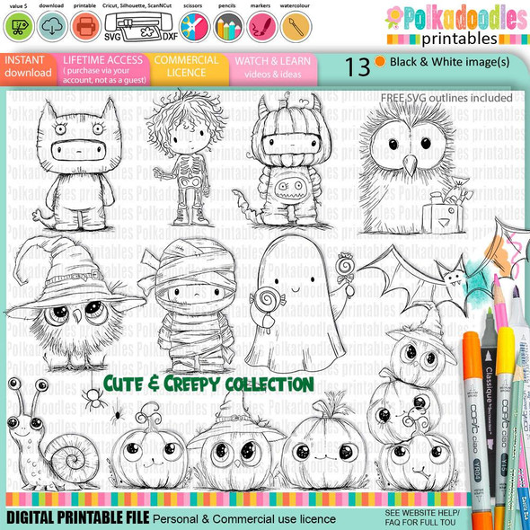 Creepy Creatures Cute and Creepy Bundle, collection of 13 Halloween fall themed digital stamps featuring cute and spooky characters such as witches with brooms, a skeleton, a ghost, an owl, a bat, a wizard owl, a snail, and cute pumpkins, suitable for card making, scrapbooking, junk journals, with SVG and sticker options.