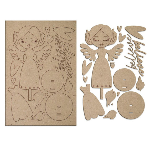 MDF Believe in Angels MDF engraved blanks x 2 - Stand-Up 3D Shape Set for crafts, mixed media, art doll, featuring angel figure with wings, hearts, and birds for creative art projects.