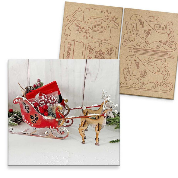 MDF 3D Santa's Reindeer Sleigh MDF blank Craft Kit – Christmas Holiday Home Décor crafts, featuring unfinished wooden craft templates for holiday decoration.