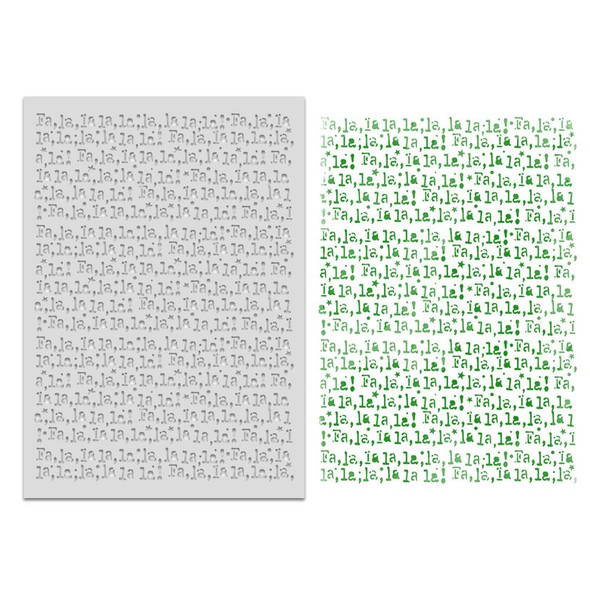 Frosted Christmas Falala text 6 x 8" Emboss-ink Stencil, Christmas-themed craft stencil featuring embossed 'Falalalala' text in gray and green color for card making, crafts, and scrapbooking.