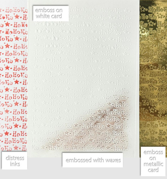 Frosted Christmas Hohoho Text 6 x 8 Inch Emboss-ink Stencil for Card Making, Crafts, Scrapbooking, featuring embossed with waxes design and distressed inks, on a white card with gold and red background accents.