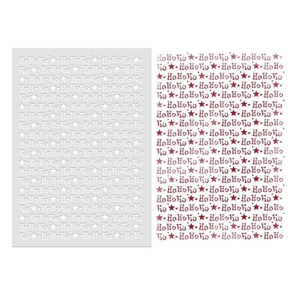 Frosted Christmas Hohoho text 6 x 8-inch Emboss-Ink Stencil for card making, crafts, scrapbooking, featuring embossed 'HoHoHo' with star designs in white and red colors.