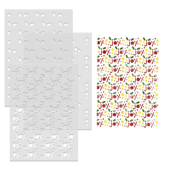 Frosted Christmas Joy 3pc layering stencil, A5/6 x 8 inches emboss and ink stencil for card making, crafts, scrapbooking, featuring Christmas-themed patterns with the words 'joy' and seasonal decorations.
