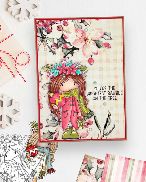 Mabel Christmas Bauble & Lantern black and white digi stamp, festive card making and crafting image with illustration of a girl holding a Christmas ornament, surrounded by holly and poinsettia flowers, suitable for scrapbooking, junk journaling, SVG cut files, craft stickers, and planners.