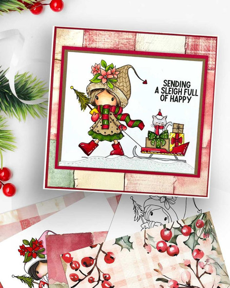 Mabel Christmas & Wanda cat delivering gifts on a sleigh black and white digi stamp, ideal for card making, scrapbooking, junk journals, SVG projects, craft stickers, and planners.
