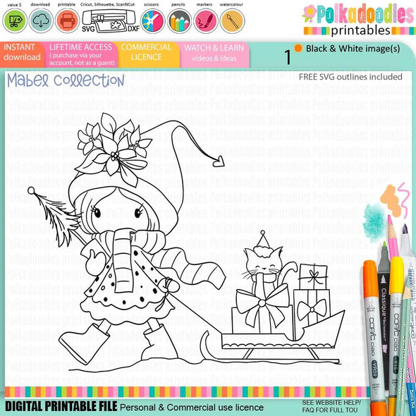 Mabel Christmas & Wanda cat delivering gifts on a sleigh black and white digi stamp for card making, scrapbooking, junk journal, SVG, craft stickers, and planners.