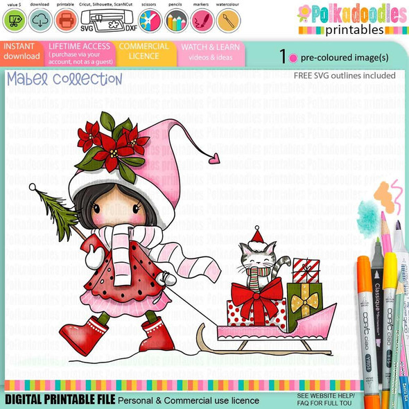Mabel Christmas & Wanda cat delivering gifts on a sleigh precolored digi stamp for card making, scrapbooking, junk journaling, SVG, craft stickers, and planners.