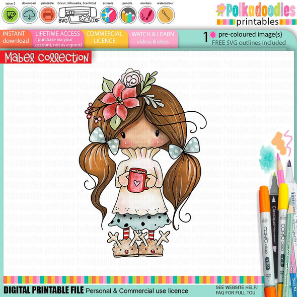 Mabel Hot Chocolate Cocoa Coffee Christmas Holiday Precolored Digi Stamp, a digital illustration of a cute girl with long brown hair, holding a mug of hot chocolate, wearing reindeer slippers, and decorated with festive flowers and bows for card making, scrapbooking, junk journals, and craft projects.