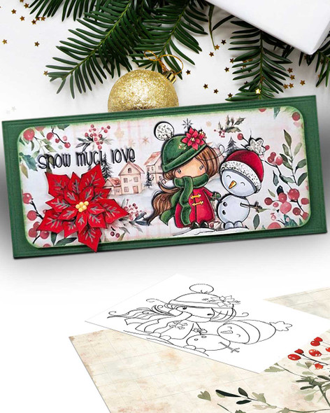 Mabel with Snowman Christmas holiday black and white digi stamp - for Card Making, Scrapbooking, Junk Journal, svg, craft stickers & planners.