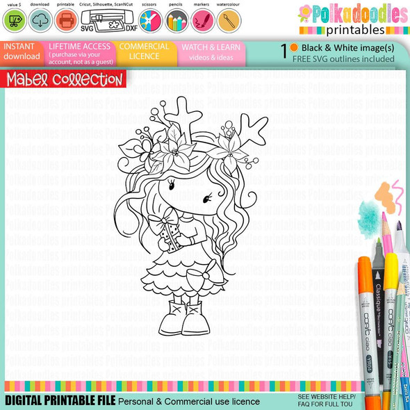 Mabel Gift Christmas holiday black and white digi stamp, a cute girl with reindeer antlers, large floral crown, holding a gift, suitable for card making, scrapbooking, junk journaling, SVGs, craft stickers, and planners.