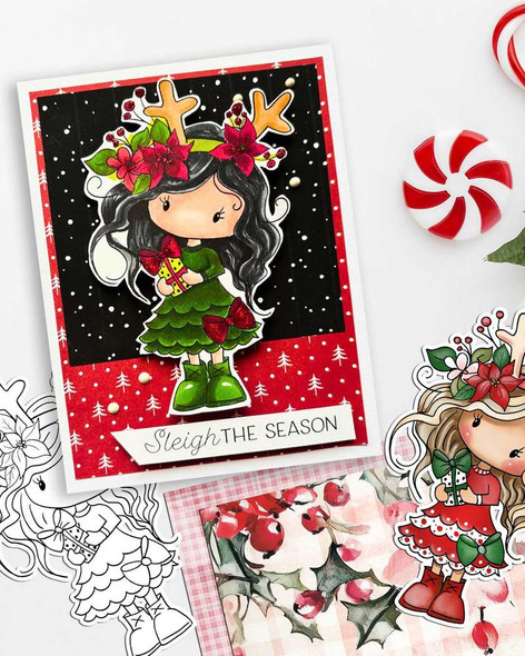 Mabel Gift Christmas holiday precoloured digi stamp, a cute Christmas elf girl in green dress with reindeer antlers headband, holding presents, with the text 'Sleigh THE SEASON', used for card making, scrapbooking, junk journaling, SVG, craft stickers, and planners.
