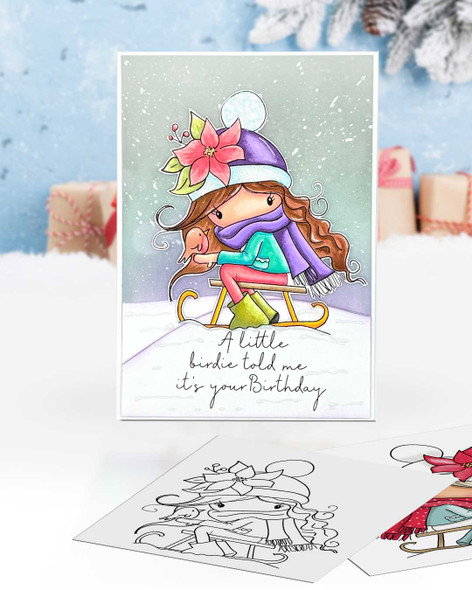 Mabel Sleigh ride with a bird Christmas holiday precoloured clipart digital stamp - for Card Making, Scrapbooking, Junk Journal, svg, craft stickers & planners.