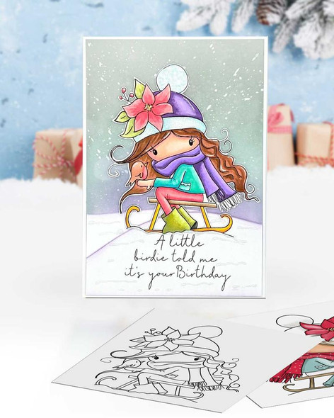 Mabel Sleigh Ride with a Bird Christmas Holiday Precoloured Digi Stamp, festive illustration of a girl in winter clothing on a sleigh with a bird, for card making and scrapbooking.
