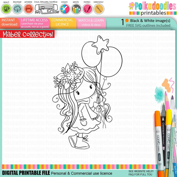 Mabel with Balloons Christmas holiday black and white digi stamp, a digital illustration of a girl holding balloons with a festive theme for card making, scrapbooking, junk journaling, and craft projects.