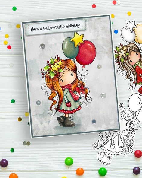Mabel with Balloons Christmas holiday black and white digi stamp, detailed illustration of a girl holding balloons, perfect for card making, scrapbooking, junk journaling, SVG craft projects, stickers, and planners.