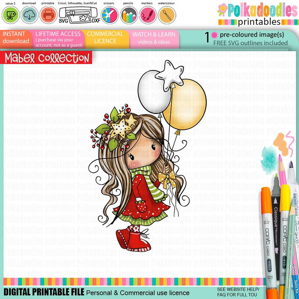 Mabel balloons Christmas holiday precoloured digi stamp, a cute illustration of a girl with long wavy hair holding three balloons, wearing festive red and green dress with a holiday wreath on her head, designed for card making, scrapbooking, junk journals, SVG, craft stickers, and planners.