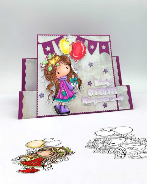 Mabel balloons Christmas holiday precoloured digi stamp, a cute digital illustration of a girl holding balloons, perfect for Card Making, Scrapbooking, Junk Journal, SVG, craft stickers & planners.