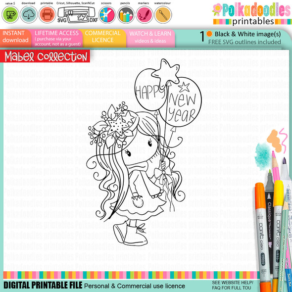 Mabel with Happy New Year Balloons Christmas holiday black and white digi stamp - for Card Making, Scrapbooking, Junk Journal, svg, craft stickers & planners.