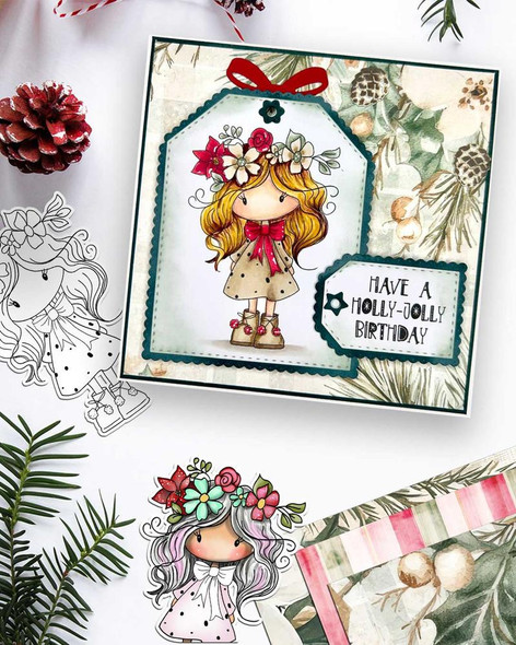 Mabel Christmas holiday black and white digi stamp, a cute girl with flowing hair wearing a floral crown and dress, designed for card making, scrapbooking, junk journaling, SVG, craft stickers, and planners.