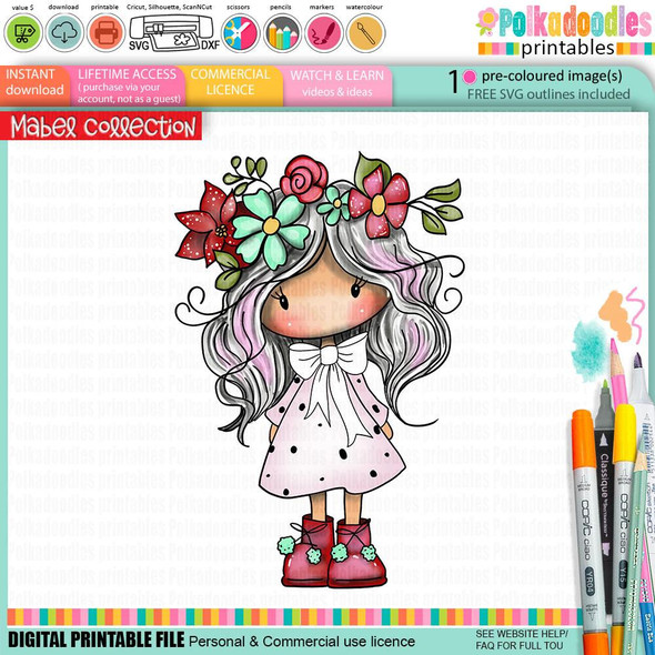 Mabel Christmas holiday precoloured digi stamp, an adorable cartoon girl with long wavy hair adorned with red and teal flowers, wearing a pink polka dot dress and red boots with fluffy pom-poms, suitable for card making, scrapbooking, junk journals, SVG, craft stickers, and planners.