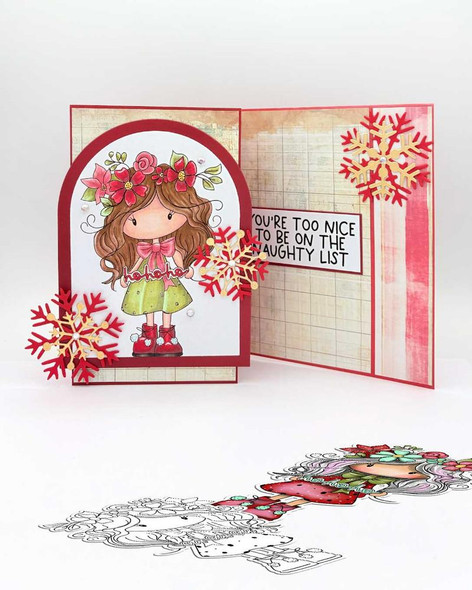 Mabel Hoho Wishes Christmas holiday precoloured digi stamp, a cute cartoon girl with long hair, wearing a green dress with a pink bow, adorned with a festive floral crown, perfect for card making, scrapbooking, junk journaling, SVG projects, craft stickers, and planners.