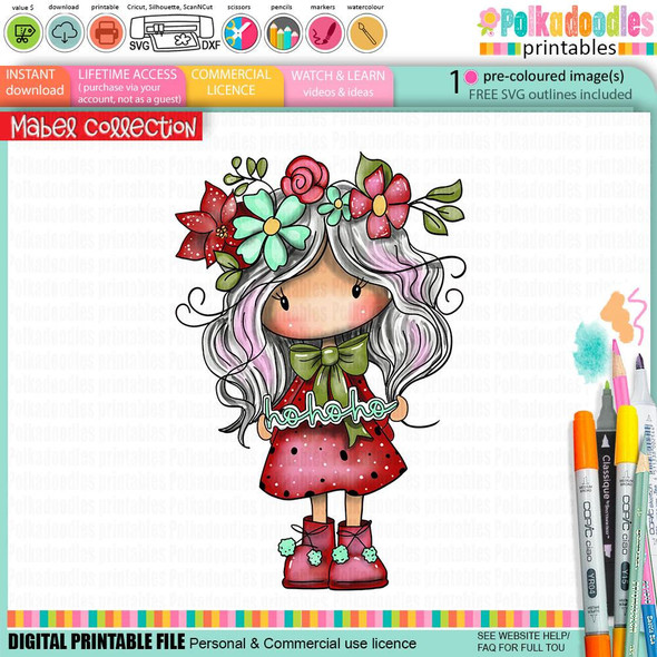 Mabel Hoho Wishes Christmas holiday precoloured digi stamp, featuring a cute girl with long wavy hair adorned with flowers, wearing a red dress with polka dots, pink boots, and holding a 'hohoho' sign, suitable for card making, scrapbooking, junk journaling, and planners.