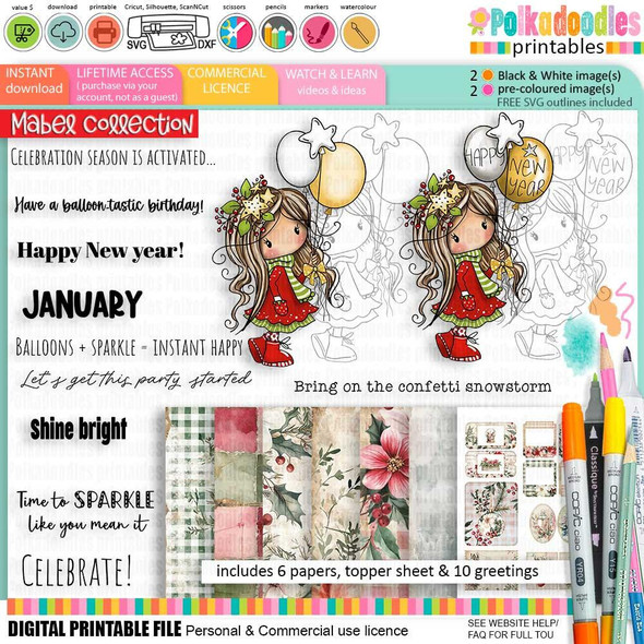 Mabel Starry Celebrations New Year Christmas Holiday printable bundle, featuring a cute girl in a Christmas dress with balloons and festive decorations, designed for card making, scrapbooking, junk journaling, and craft stickers.