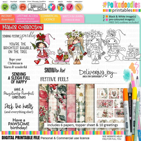 Mabel Pawsitively Festive New Year Christmas Holiday printable bundle, a digital craft set featuring images of adorable holiday characters, festive sentiments, and patterned papers for card making, scrapbooking, junk journaling, and planners.
