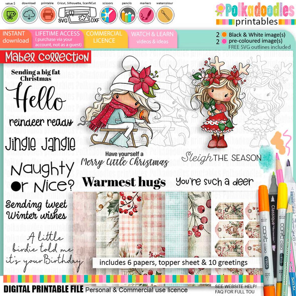 Mabel Woodland Winter Whimsy Christmas Holiday printable bundle - for Card Making, Scrapbooking, Junk Journal, svg, craft stickers & planners.