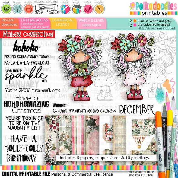 Mabel Festive Wishes Christmas Holiday printable bundle, digital craft PNG featuring girl with floral crown in red and pink dress for card making, scrapbooking, junk journal, SVG, craft stickers & planners.
