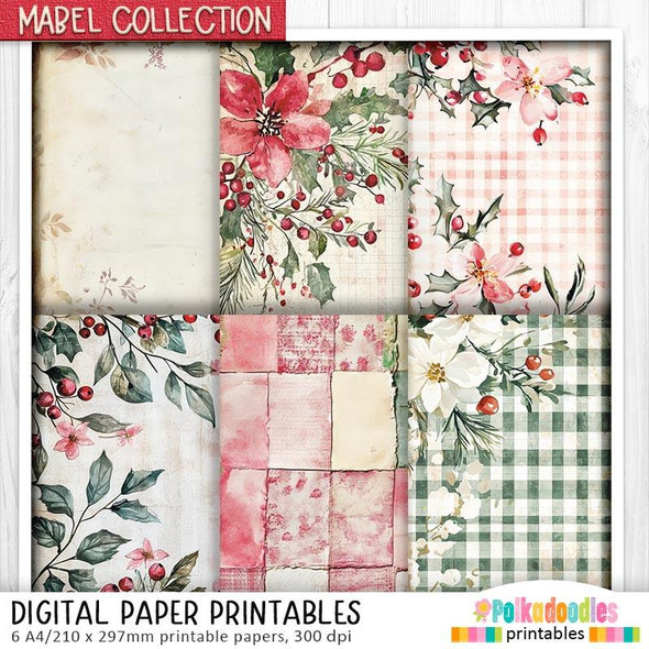 Mabel Pawsitively Festive Christmas Holiday printable paper bundle, floral and holly-themed craft papers in red, pink, green, and white with patterns for Card Making, Scrapbooking, Junk Journal, svg, craft stickers & planners.