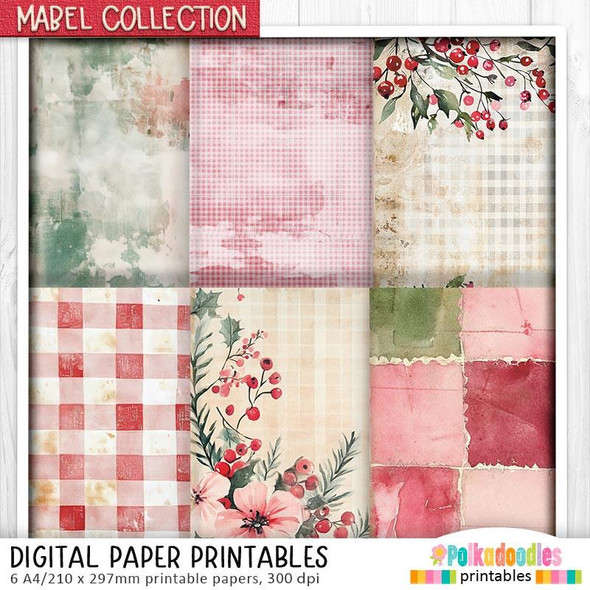 Mabel Cosy Cocoa Christmas Holiday printable paper bundle, digital paper printables with various festive patterns including checkered, botanical, and watercolor textures, designed for card making, scrapbooking, junk journals, SVGs, craft stickers, and planners.