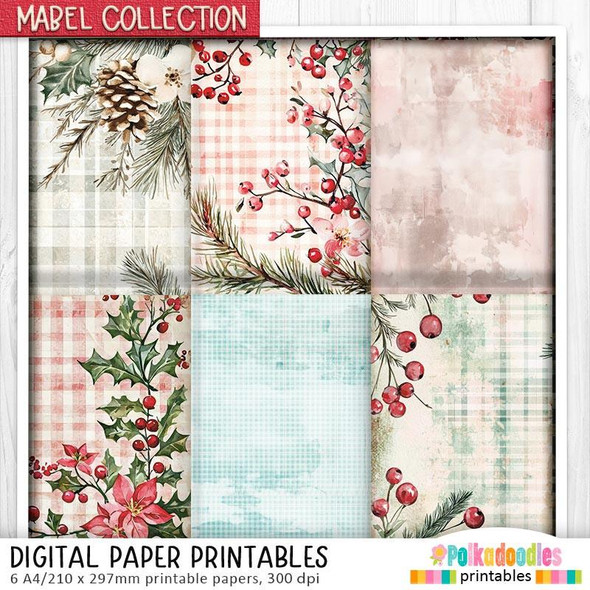 Mabel Woodland Winter Christmas Holiday printable paper bundle, featuring six designs of festive watercolor holiday patterns with pinecones, holly, berries, and plaid backgrounds, for card making, scrapbooking, junk journals, SVG, craft stickers, and planners.