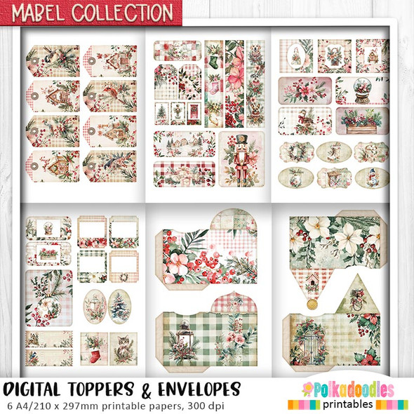 Mabel Toppers & envelope pockets Christmas Holiday printable paper bundle - for Card Making, Scrapbooking, Junk Journal, svg, craft stickers & planners.