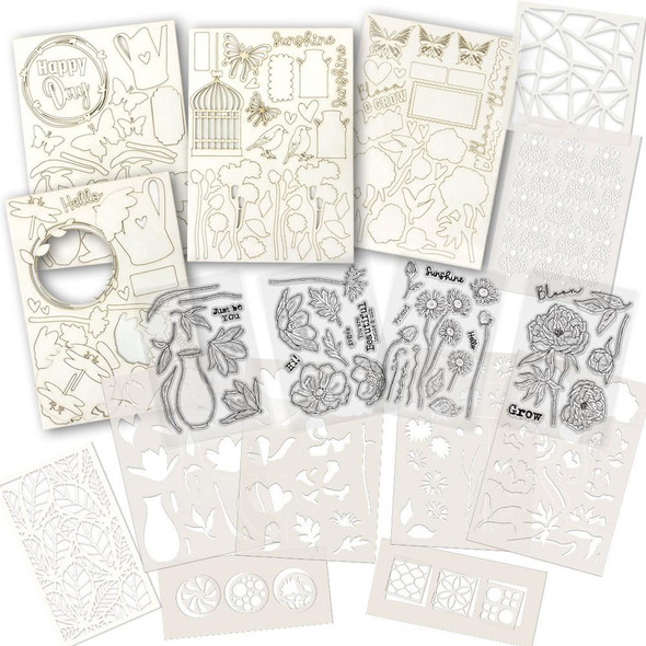 Mixed Flowers mega bundle - clear Stamps, Stencils, Switchables, Chipboard card making craft bundle with floral, butterfly, bird, and inspirational design elements for scrapbooking and card making.