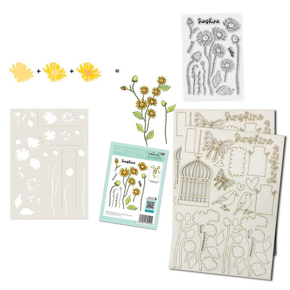 Mixed Flowers mega bundle - clear stamps, stencils, switchables, chipboard card making craft bundle, showing floral design, birdcage, and butterfly stamps and stencils for scrapbooking and crafting.