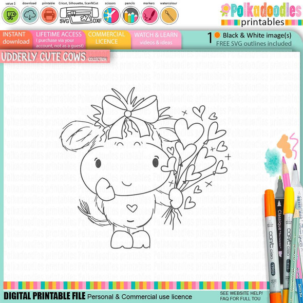 Udderly Cute Love Moo Bunches - Udderly Cute cow valentine's romance love friendship digital stamp printable for card making, scrapbooking, junk journal, svg, craft stickers, and planners, featuring a cute cartoon cow holding a bouquet of heart-shaped balloons.