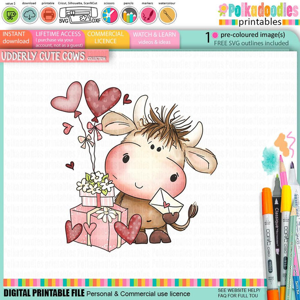 Udderly Cute Gifts for Moo - Udderly Cute cow valentine's romance love friendship printable clipart, featuring a cute cartoon cow holding a letter with a love heart, surrounded by heart-shaped balloons and gifts, perfect for card making, scrapbooking, junk journal, SVG, craft stickers, and planner projects.