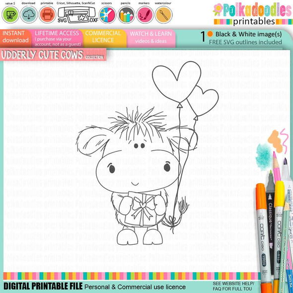 Udderly Cute Gift and Balloons - Udderly Cute cow romantic love friendship digital stamp printable for card making, scrapbooking, junk journaling, SVG, craft stickers, and planners.