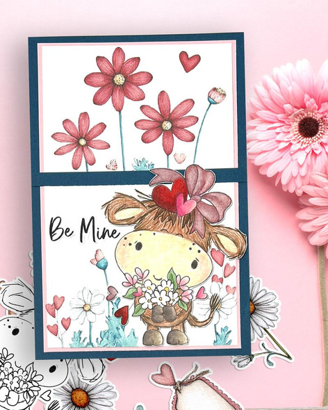 Udderly Cute Bunches of Love - Udderly Cute cow valentine's romance love friendship printable clipart for Card Making, Scrapbooking, Junk Journal, svg, craft stickers & planners, featuring a cute cow holding flowers with hearts and flowers around, perfect for Valentine's Day crafts.
