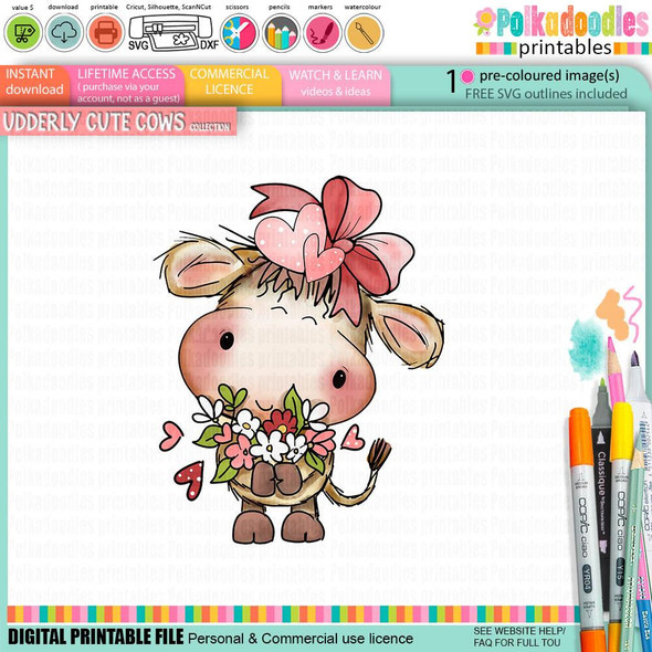 Udderly Cute Bunches of Love - Udderly Cute cow valentine's romance love friendship printable clipart, a cute cartoon cow holding a bouquet of flowers with hearts and a pink bow on its head, designed for card making, scrapbooking, and craft projects.
